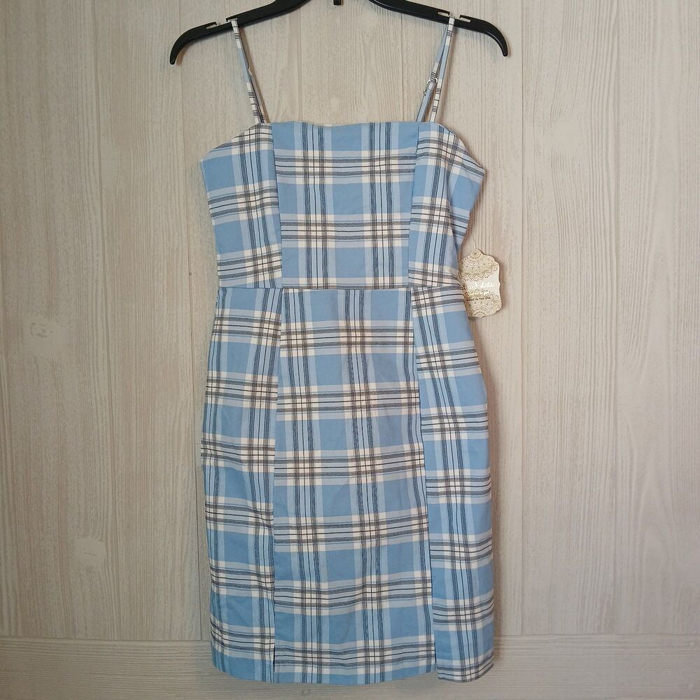 Altar'd State Women's Size M Blue White Check Spaghetti Strap Bodycon Mini Dress